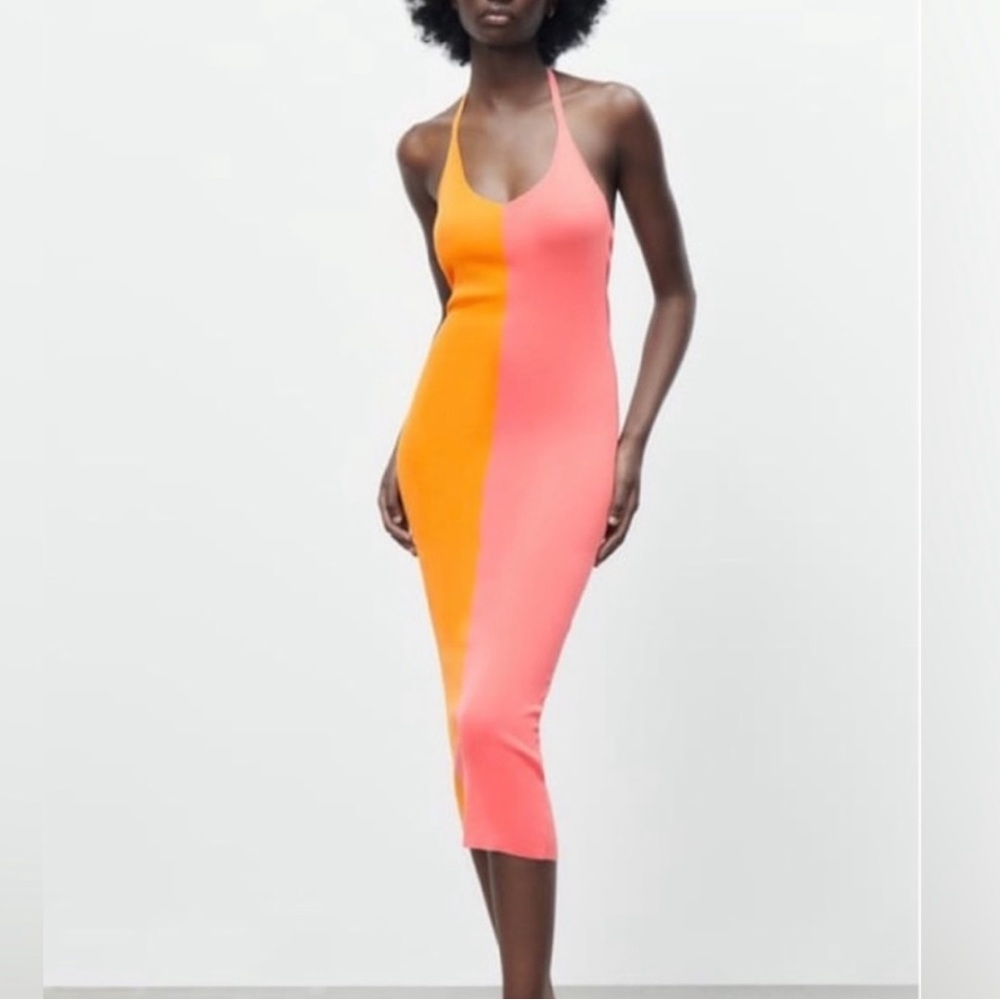 Zara Two Toned Tied Knit Halter Midi Dress